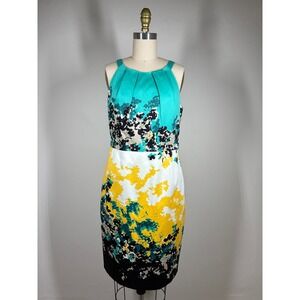 Tahari Sheath Dress 8‎ Abstract Floral Colorful Turquoise Yellow Knee Length